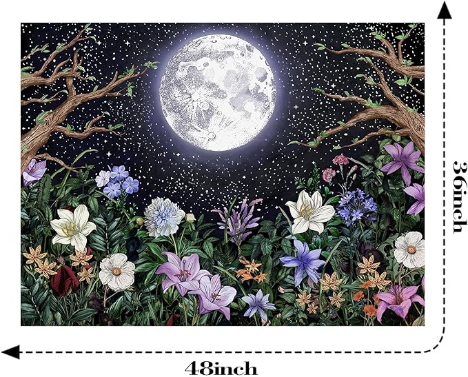 Neasow Aesthetic Moon Garden Tapestry Wall Hanging, Night Landscape with Colorful Plants Floral Tapestries for Bedroom Home Decor Multi Color 36×48 inch (90cm×120cm)