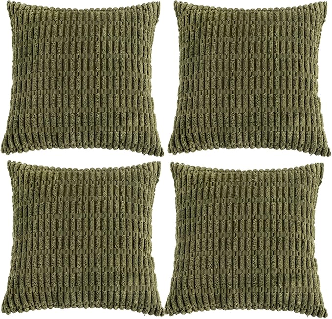 Fancy Homi 4 Packs Boho Moss Green Decorative Throw Pillow Covers 20x20 Inch for Couch Bed Sofa, Rustic Modern Farmhouse Home Decor, Soft Plush Corduroy Square Cute Cushion Case 50x50 cm