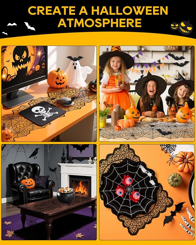 eZAKKA Halloween Table Runner with 4Pcs Placemat, Black Lace Spider Web Table Runners for Parties Gothic Spooky Home Decorations, 18 x 72 Inch