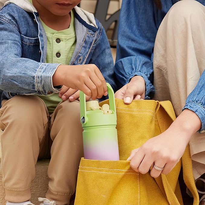 Kids Insualated Water Bottle with Straw - 12oz Stainless Steel Water Bottle with Dual Spouts, Leak-Proof, BPA-Free, Double Wall Vacuum Keeps Cold for 24 Hours for Sports, Travel, School (Elfin Yellow)