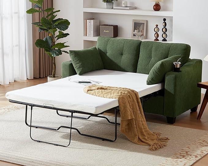 Pull Out Sofa Bed, Full Size Sleeper Sofa, 2-in-1 Convertible Corduroy Couch with USB Charging, Memory Form Couch for Living Room, Apartment and Small Space (Green, Corduroy - Full Size)