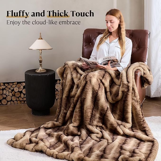 Luxury Faux Fur Blanket - Soft Warm Plush Blankets for Couch Sofa Bed, Fluffy Thick Throws for Bedroom, Office, Living Room, Decorative Reversible, Not Easy to shed - 60"x80", Brown