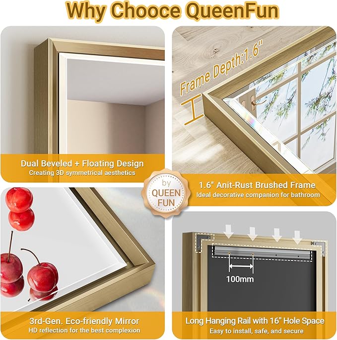60 x 36 Gold Bathroom Mirror, Brushed Gold Beveled Bathroom Mirror, Shatterproof Large Gold Frame Rectangle Mirror, Brushed Brass Gold Framed Vanity Mirror Vertical/Horizontal Wall-Mounted