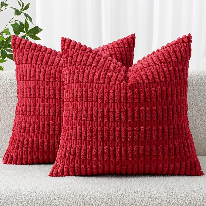 MIULEE Pack of 2 Christmas Red Corduroy Decorative Euro Sham Pillow Covers 26x26 Inch Soft Boho Striped Throw Pillow Covers Modern Farmhouse Home Decor for Sofa Living Room Couch Bed