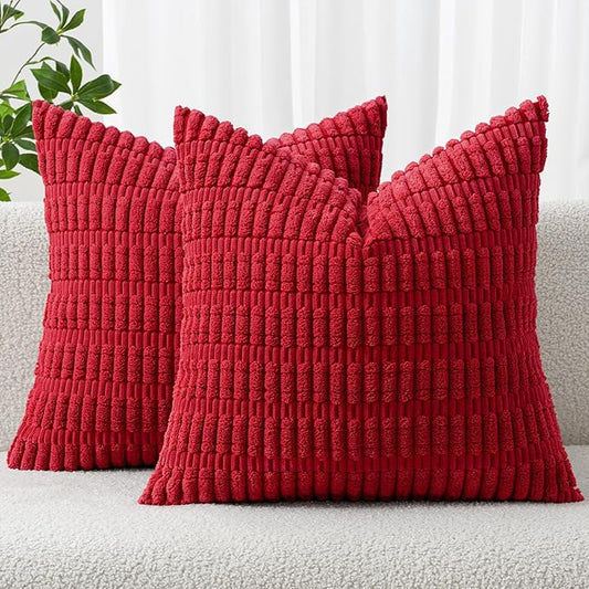 MIULEE Pack of 2 Christmas Red Corduroy Decorative Euro Sham Pillow Covers 22x22 Inch Soft Boho Striped Throw Pillow Covers Modern Farmhouse Home Decor for Sofa Living Room Couch Bed