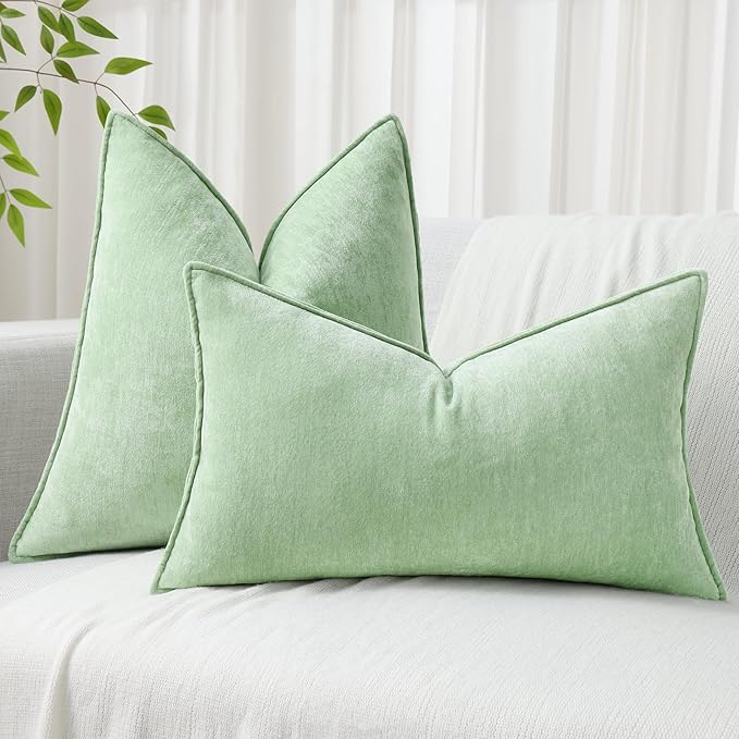 decorUhome Couch Throw Pillow Covers 18x18 Set of 2, Decorative Soft Euro Neutral Chenille Pillow Covers with Elegant Design for Sofa Bed Living Room Home Decor, Sage Green