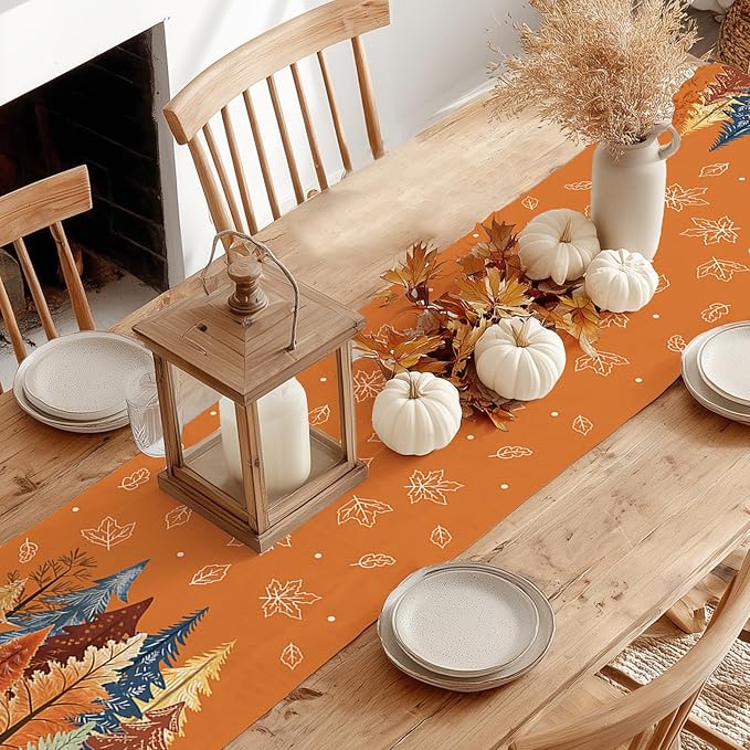 GEEORY Fall Watercolor Trees & Maple Leaves Table Runner 13x60 Inch, Rustic Farmhouse Autumn Thanksgiving Decor for Kitchen, Dining, Indoor/Outdoor Holiday Dinner Party Orange GT158-60