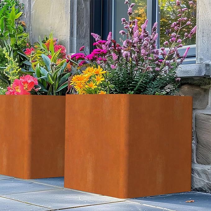 Corten Steel Large Square Planter Box 20"x20"x21", Heavy Duty Planter for Commercial and Residential Use