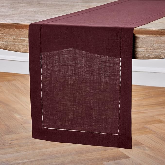Solino Home Linen Table Runner 48 Inches - 100% Pure Linen Burgundy Hemstitch Table Runner 14 x 48 Inch Ideal for Dresser and Coffee Tables - Fall, Autumn, Thanksgiving - Classic Hemstitch
