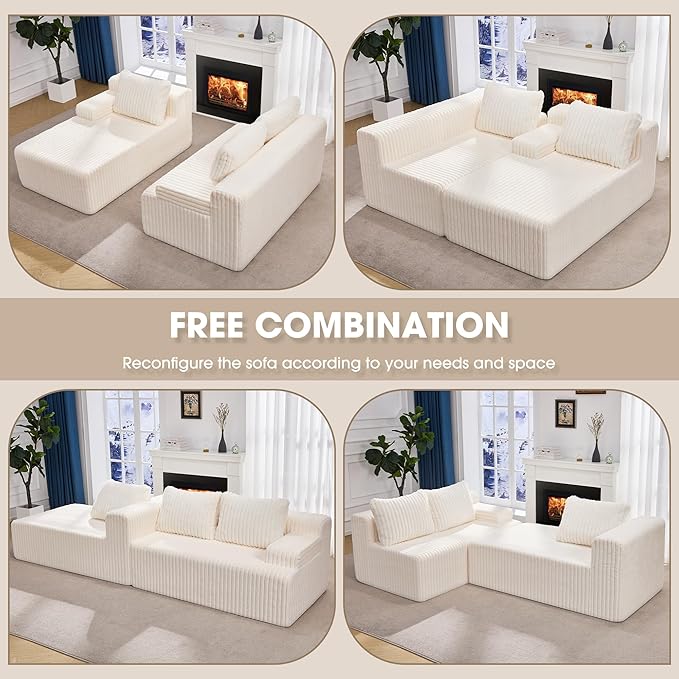 Hobestluk 96” Modular Sectional Sofa Couches L-Shape Couch 3 Seat Modular Sofa Memory Foam Sectional Couches for Living Room, Cloud Couch with Oversized Chaise (White, Stripe (Left Facing Chaise))