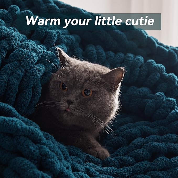 Chunky Knit Throw Blanket, 50''*60'' Knitted Throw Chenille Yarn for Bed Couch, Handmade Peacock Blue Crochet Big Thick Blanket, Machine Washable Cute Comfy Blanket for Home Decor