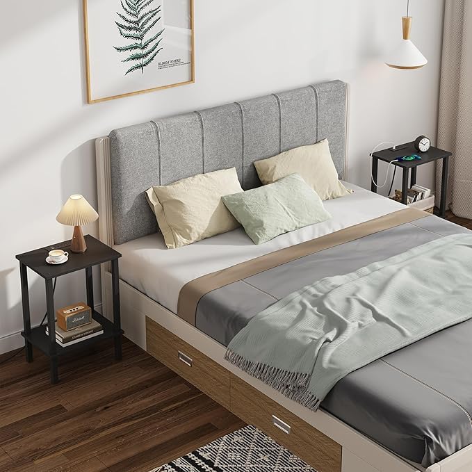 TUTOTAK End Table with Charging Station, Side Table with USB Ports and Outlets, Nightstand, 2-Tier Storage Shelf, Sofa Table for Small Space TB01BK040