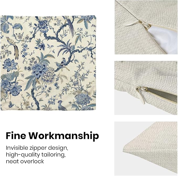 CXMEIFLY Spring Floral Birds Pillow Covers 18 x 18 Inch Set of 2 for Chinoiserie Flowers Decor Throw Pillows Blue and White Plant Outdoor Decorative Cushion Cases for Couch Bed Decorations