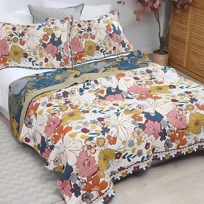 Boho Muslin Blanket for Adults 4-Layer Gauze Twin Size Soft Cozy 100% Cotton Summer Cooling Blanket Floral Decor for Sofa Bed Coverlet Both Sides (Colorful Floral, 80 x 90 in)