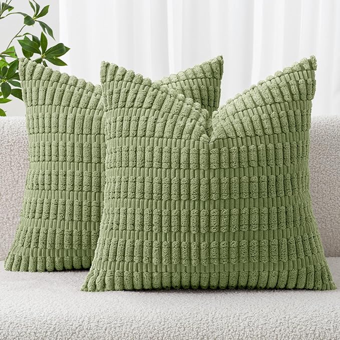 MIULEE Pack of 2 Corduroy Decorative Throw Pillow Covers 20x20 Inch Soft Boho Striped Pillow Covers Modern Farmhouse Home Decor for Summer Sofa Living Room Couch Bed Sage Green