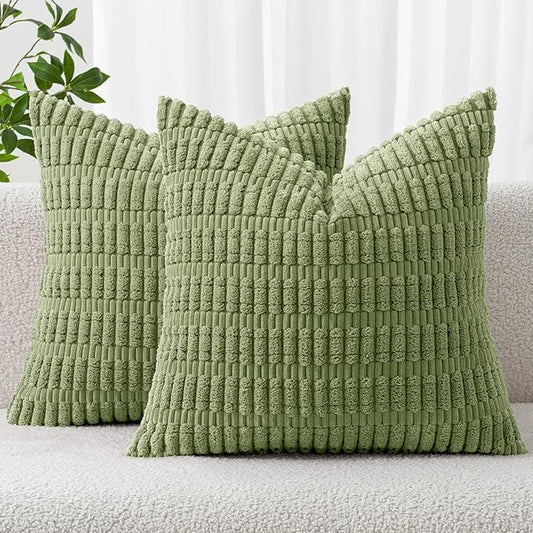 MIULEE Pack of 2 Corduroy Decorative Throw Pillow Covers 20x20 Inch Soft Boho Striped Pillow Covers Modern Farmhouse Home Decor for Summer Sofa Living Room Couch Bed Sage Green