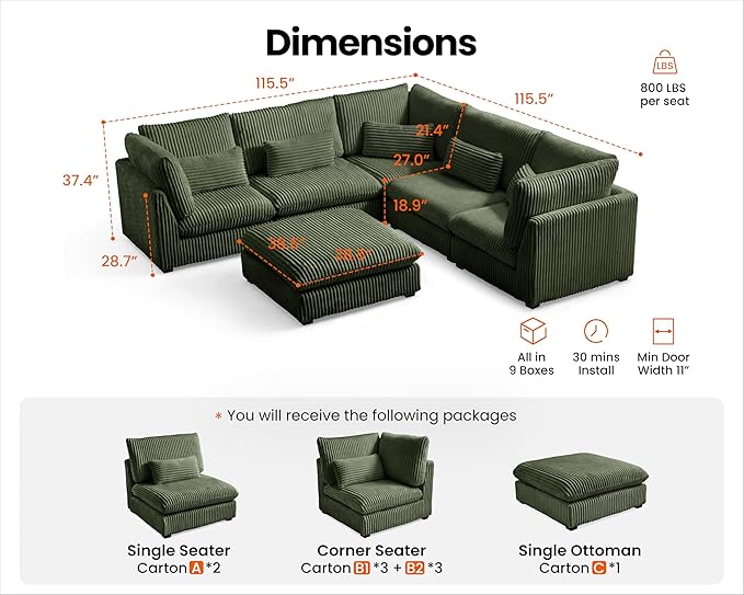 Oversized Modular Sofa, Extra Deep Cloud Corduroy Sectional Couch with Ottoman Chaise, Fluffy Chenille Corner V Shape Sofa for Living Room, Villa (Corner V Shape+Ottoman, Corduroy Green)