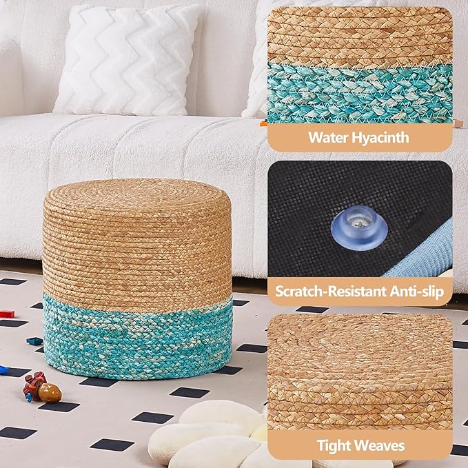 Wimarsbon 18'' Ottoman Pouf, Natural Braided Poof, Rustic Handweave Lounge Pouffe, Boho Footrest Stool for Bedroom, Accent Table for Living Room (Natural Water Hyacinth + Lake Blue Corn Husk)
