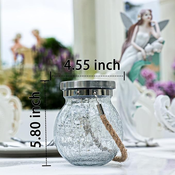 Cooo 6 Pack Heavy Crackle Glass Solar Lantern with 30 LED Firefly Lights– Waterproof Outdoor Hanging Lamp 215% Larger Solar Panel, Stainless Steel Lid Decorative Lighting for Garden Patio Table