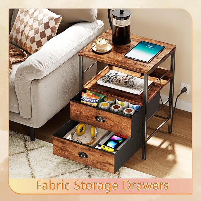 Furologee Night Stand with Charging Station, Bedside Table with Fabric Drawers, End Table with USB Ports & Outlets, Rustic Nightstand with Storage Shelf & Hooks, for Living Room/Bedroom, Rustic Brown