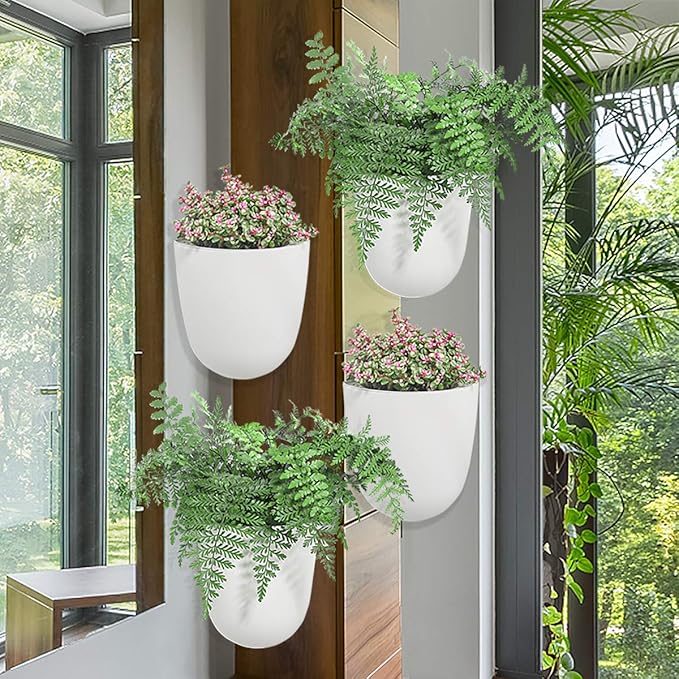 Sungmor Wall Hanging Corner Planters, 4PC White Wall Mounted Flower Pots, Self Watering Wall Planter for Indoor Plants, Right Angle Corner Hanging Pot, Great for Balcony Home Office Bar Corner Decór