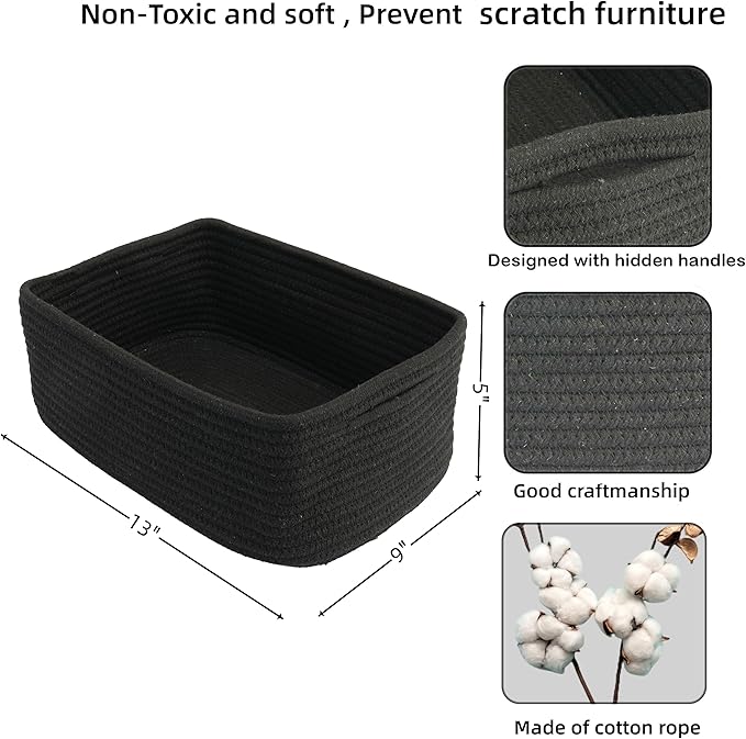 Small Woven Storage Baskets 13“X9”X5“ Decorative Rope Bins for Organizing Shelves, Closets, and Toys, Empty Gift Baskets, Cute Organizer Basket for Home and Office (black, Large)