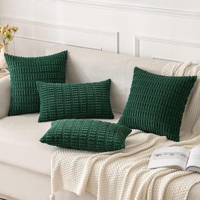 MIULEE Pack of 2 Christmas Dark Green Corduroy Decorative Pillow Covers 20x20 Inch Soft Boho Striped Throw Pillow Covers Modern Farmhouse Home Decor for Sofa Living Room Couch Bed