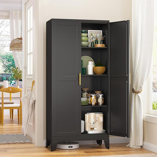 Metal Storage Cabinet With 2 Doors and 3 Adjustable Shelves, Black Kitchen Pantry for Food, Utility Cabinet for Laundry Room, Cupboard