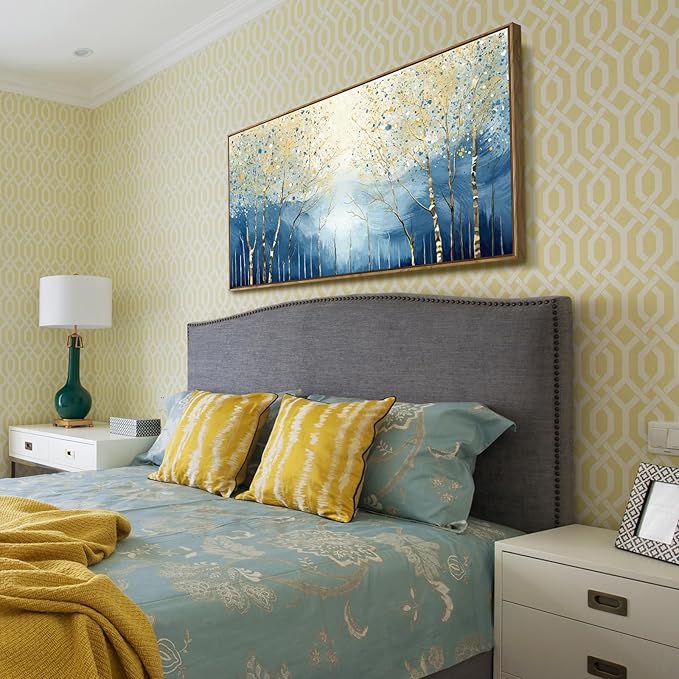 amatop Large Framed Abstract Canvas Wall Art Navy Blue Art Print Modern Nature Tree of Life Artwork Birch Contemporary Landscape Picture for Office Living Room Bedroom Hallway Home Decor 48x24 Inch