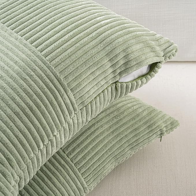 Fancy Homi Set of 2 Sage Green Boho Long Lumbar Body Decorative Throw Pillow Cover 14x36 Inch for Bed Couch Bedroom Bench, Soft Patchwork Corduroy Textured Pillow Case, Rustic Farmhouse Room Décor