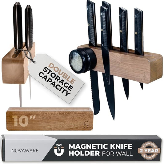 Premium 10 inch Magnetic Knife Holder for Wall with 2x Storage & Charming Wood - Knife Magnetic Strip, Under Cabinet Magnet Knives Storage - Magnet Strip Rack Kitchen Utensil Holder Organizer Tool