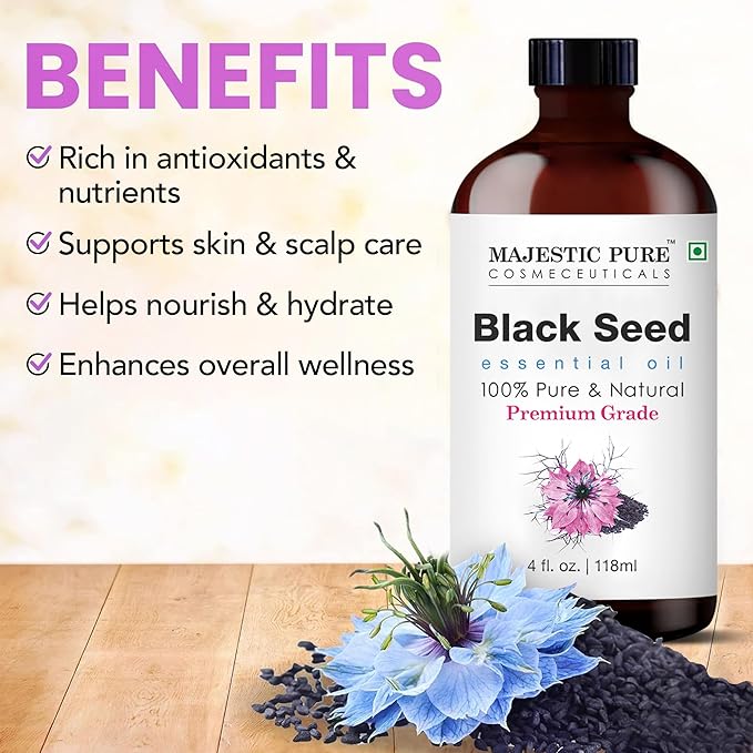 Majestic Pure Black Seed Essential Oil with Glass Dropper - Huge 4 Fl Oz - 100% Pure and Natural Black Pepper Oil - Premium Grade Essential Oils for Diffuser, Aromatherapy, Soap and Candle Making