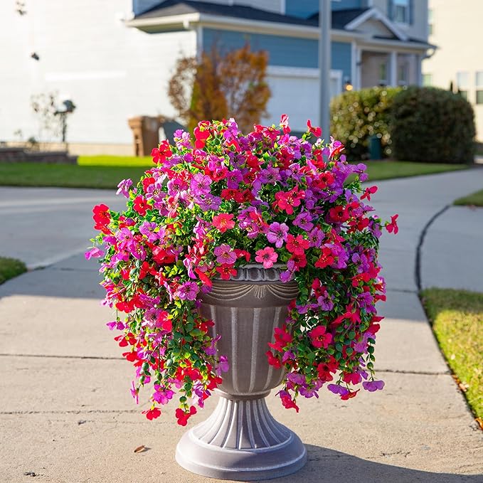 Artificial Faux Hanging Flowers Plants for Outdoor Decor, 2 PCS Outside Fake Silk Violets with Eucalyptus UV Resistant Realistic Daisy Trailing Vines for Planter Balcony Porch Patio Yard, Purplepink