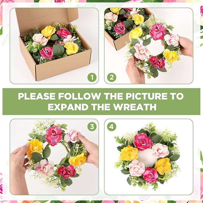 6 Pcs Artificial Rose Wreaths for Kitchen Cabinet Mini Floral Wreath Colourful Roses Hanging Wreaths for Pillar Front Door Porch Wall Window Farmhouse Decoration