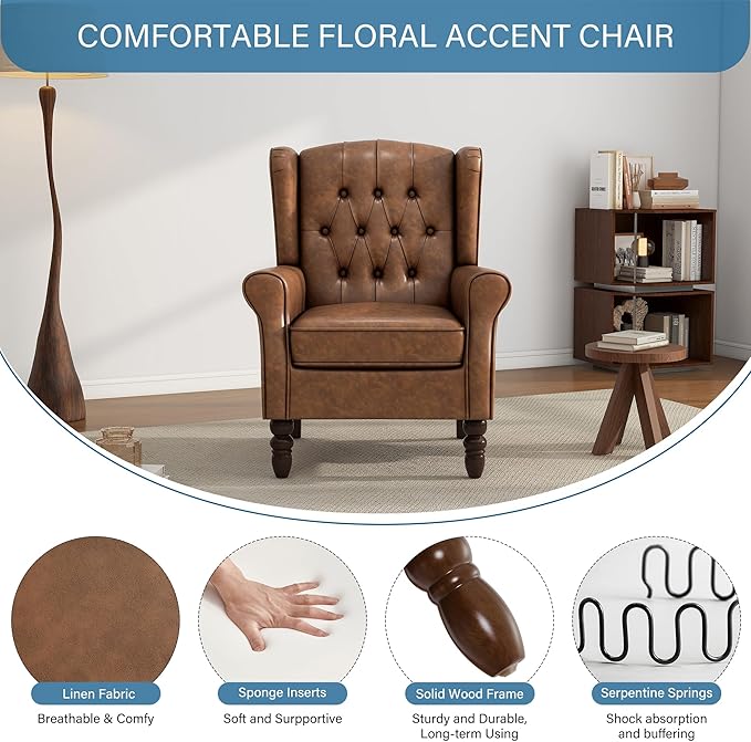UIXE Faux Leather Accent Chairs Set of 2, High Back Upholstered Armchair for Living Room, Wingback Tufted Arm Chair Comfy Single Sofa Bedroom Reading Seat with Solid Wood Legs - Brown