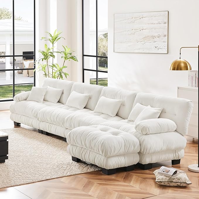 Modern L-Shaped Couch, 4-Seater Cloud Couch with Round Bolster Armrests, Oversized Loveseat Sectional Sofa, Chenille Fabric, White
