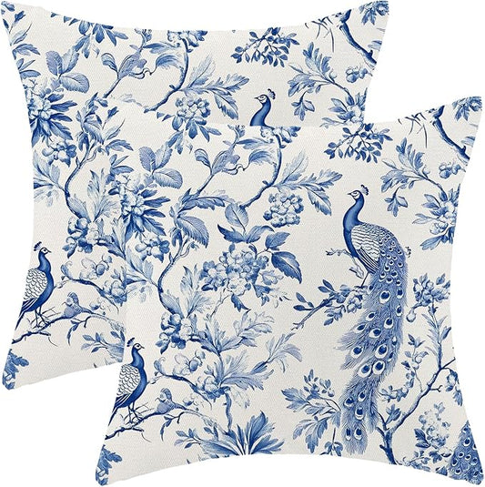 Navy Blue Spring Floral Pillow Covers 18 x 18 Inch Set of 2 for Chinoiserie Flowers Bird Decor Throw Pillows Vintage Plant Farmhouse Outdoor Decorative Cushion Cases for Couch Bed Decorations