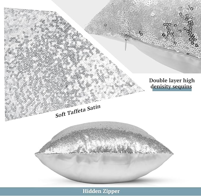 Irenare 4 Pcs Sequin and Fluffy Pillow Covers Winter Throw Pillow Cases Soft Cushion Cover for Couch Bed Sofa Xmas Day(18 x 18 Inch,Silver, Gray)