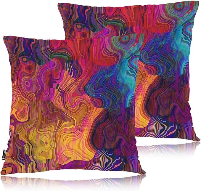Swono Set of 2 Decorative Throw Pillow Covers Chaotic Waves, Abstract Blur Chaotic Waves Rainbow Pillowcases Accent Pillow Cushion Cover for Couch Sofa Bed Office Armchair 18 X 18 Inch
