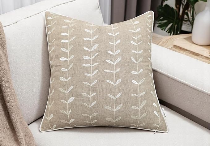 VAGMINE Embroidered Lollipop Pillow Cover - 18x18 Inches Square - 100% Linen Natural Decorative Cushion Cover - Farmhouse Rustic Embroidery - Cozy Accent for Sofa, Bed, Living Room, Neutral Home Decor