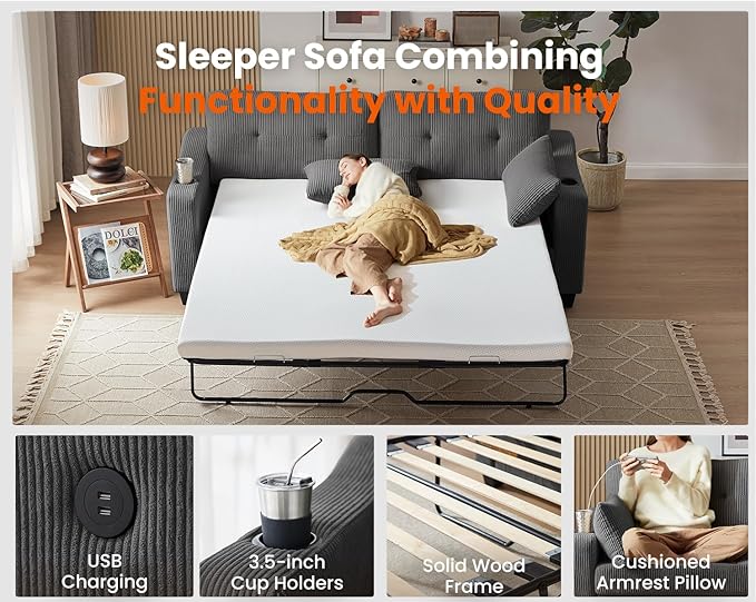Pull Out Sofa Bed, Full Size Sleeper Sofa, 2-in-1 Convertible Corduroy Couch with USB Charging, Memory Form Couch for Living Room, Apartment and Small Space (Dark Grey, Corduroy - Queen Size)