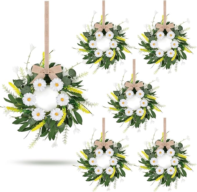 6 Pcs Artificial Spring Summer Swag Wreaths Mini White Daisy Floral Wreath Farmhouse Kitchen Cabinet Wreath Hanging Flowers Wreaths for Front Door Indoor Outdoor Home Decor Festival Celebrations