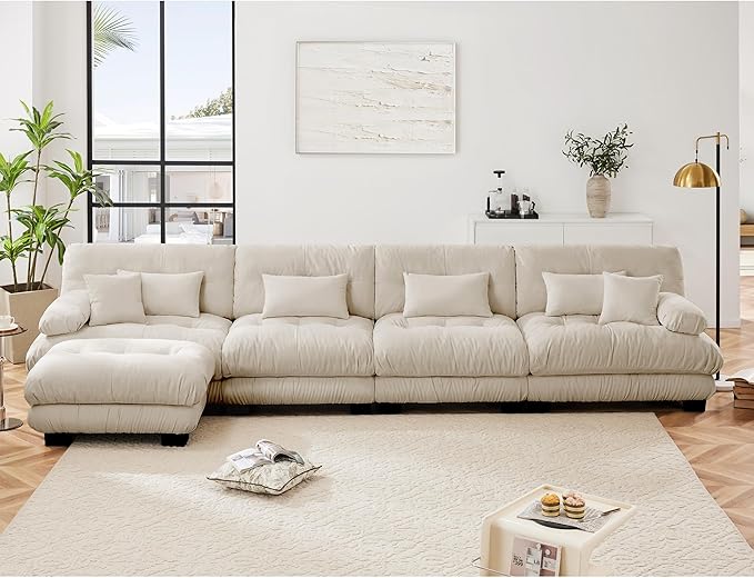 L Shaped Couch Sectional Couch, 4-Seater Cloud Couch Sectional Oversized Couch, Sofa Bed Couch with Round Bolster Armrests 6 Pillows, Modular Couch Home Sofa Living Room Couch