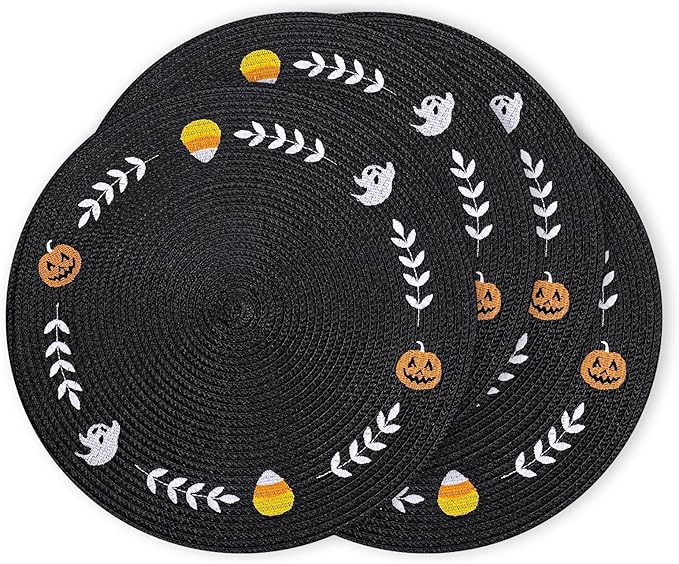 Whaline 4Pcs Round Halloween Placemats Embroidered Ghost Pumpkin Candy Corn Place Mats Black Spooky Dinner Table Mats for Halloween Party Decor