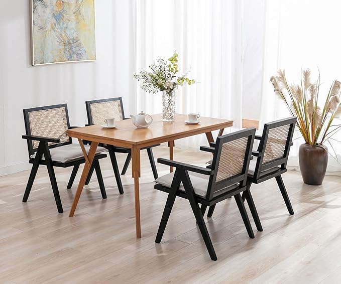 Rattan Dining Chairs Set of 4, Farmhouse Wicker Dining Chairs with Removable Linen Cushion Accent Cane Armchair for Dining Room Kitchen Restaurant, Black