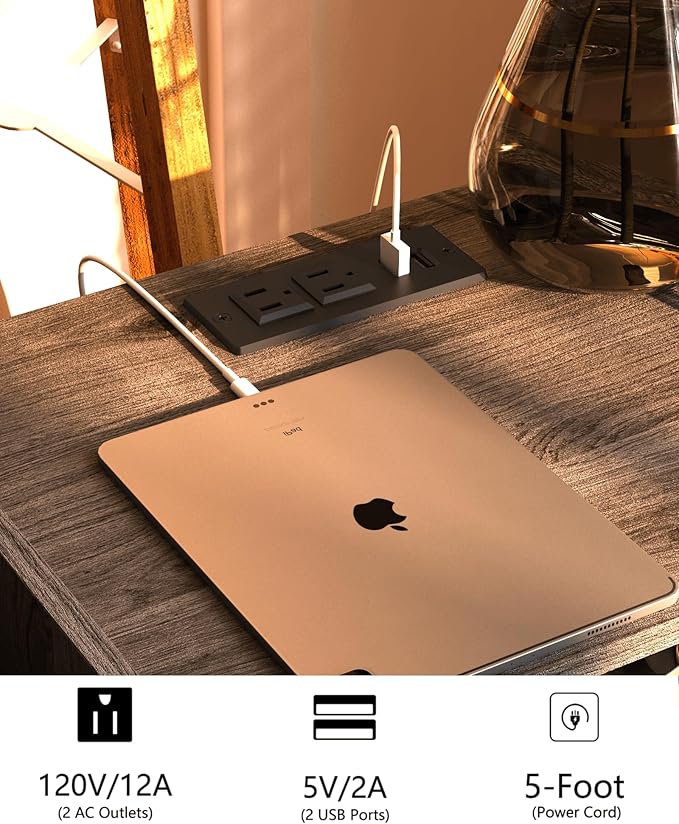 Rattan Nightstand with Outlet,Modern Bedside Table with Storage Drawer and Open Wood Shelf, for Living Room, Bedroom and Small Spaces, Accent Night Stand with Solid Wood Legs,Grey Oak