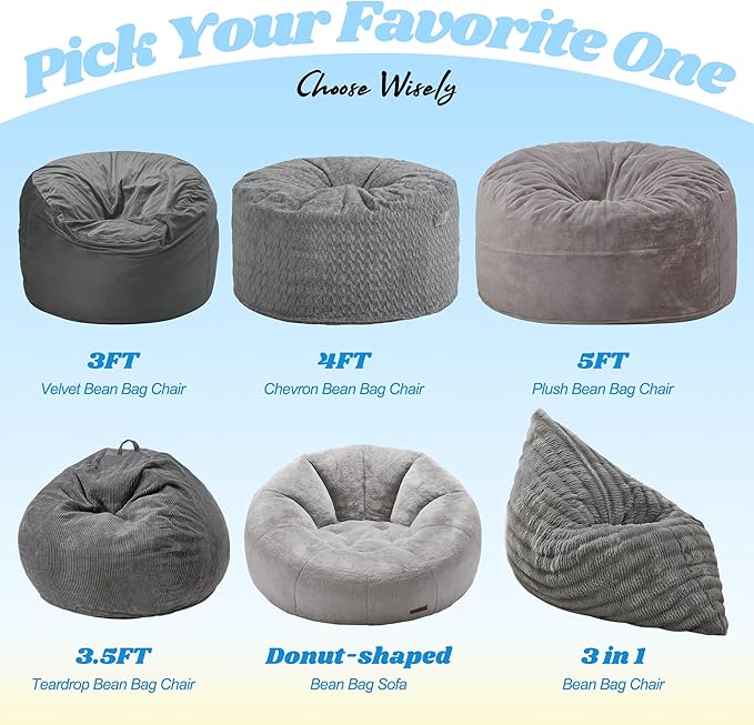 Hobestluk 3 in 1 Bean Bag Chair Giant Bean Bag Chairs for Adults with Ripple Cover Convertible Bean Bag Floor Cushion with Machine Washable Cover for Living Room (Ripple Grey)