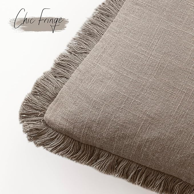 Foindtower Set of 2 Decorative Linen Fringe Throw Pillow Covers Boho Farmhouse Cushion Cover with Tassels Accent Pillowcase for Couch Chair Sofa Bed Living Room Home Decor,16×16 Inch,Brown Tan
