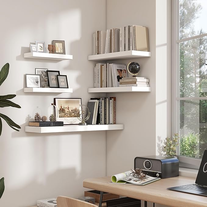 Heimlove 24 inch Floating Shelves for Wall,9.3 inch deep White Wood Shelves with Invisible Brackets,Wall Mounted Storage & Display Shelves for Bedroom,Living Room,Set of 2