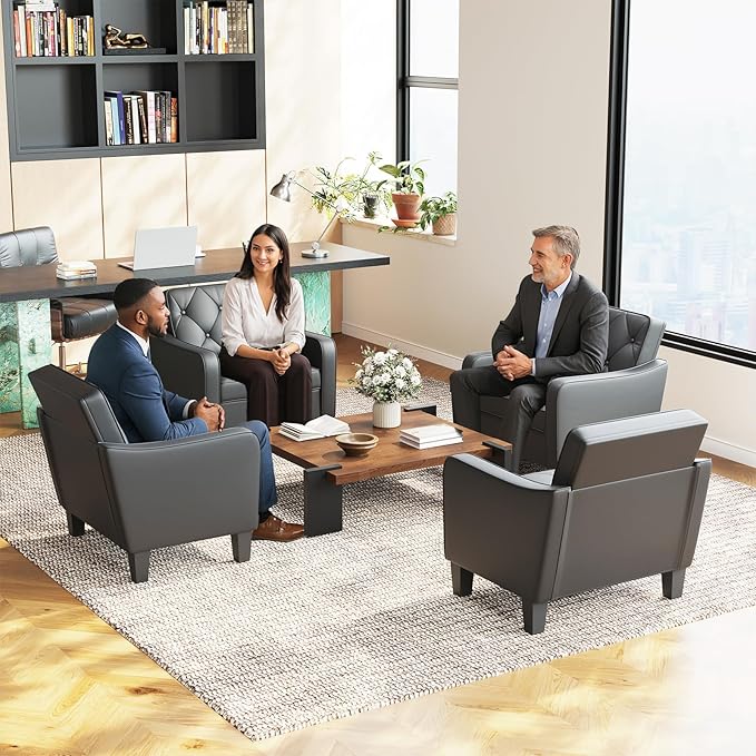 STHOUYN Living Room Chairs Black Leather Accent Chairs Set of 2, Waiting Room Arm Chairs, Reading Chairs for Bedroom Comfy Club Chair Tufted, Office Small Space (2, Black)